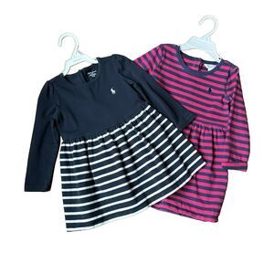 Lot of 2 Ralph Lauren Polo Dresses Toddler Pink Blue Stripe Long Sleeve Size 18M